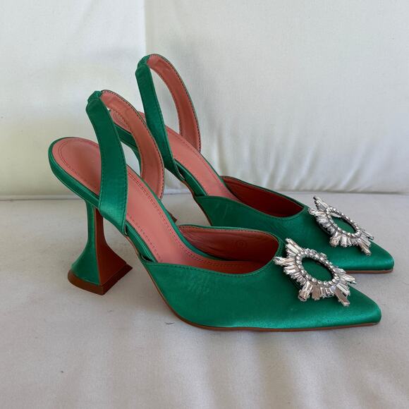 Amazon Satin Slingback Heels 9 Jeweled Embellished Emerald Green Sandals Pumps - Picture 4 of 8